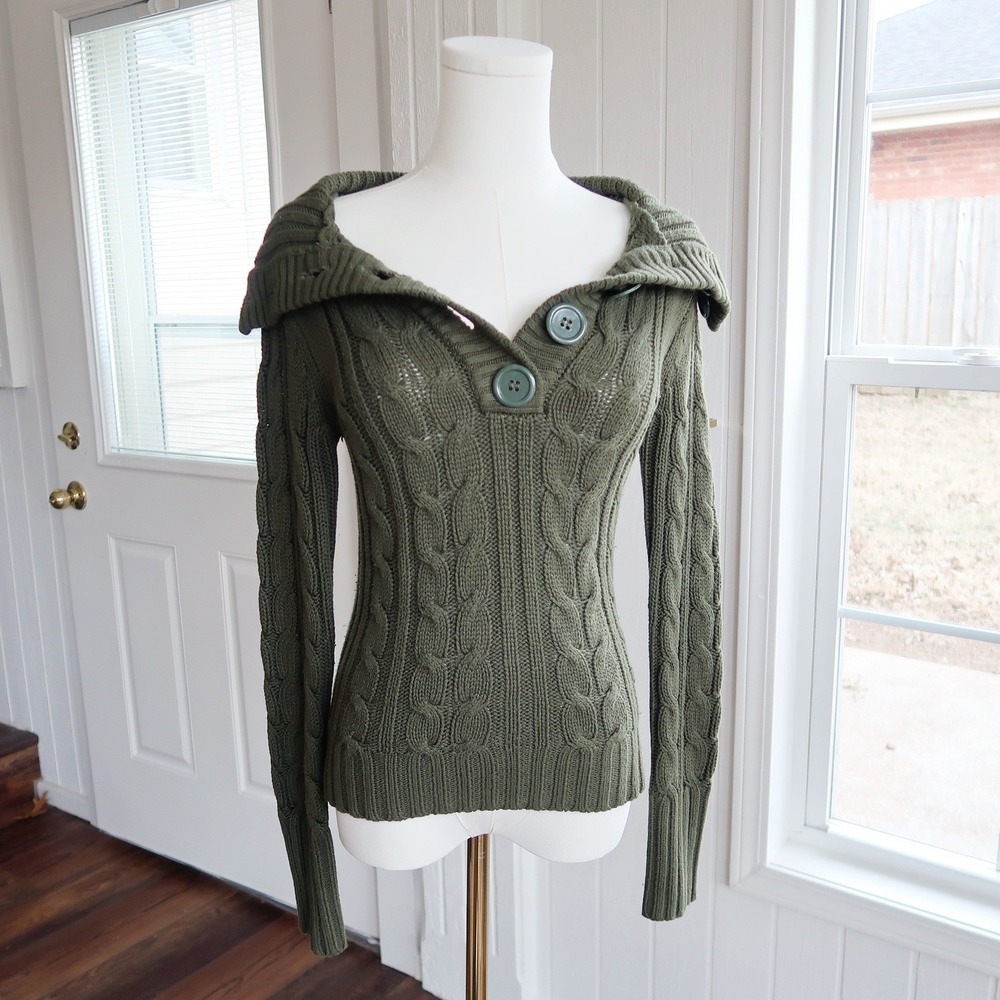 Love Lola Vintage Womens Sweater Sz S‎ Green Cable Knit Henley Fairycore Grunge